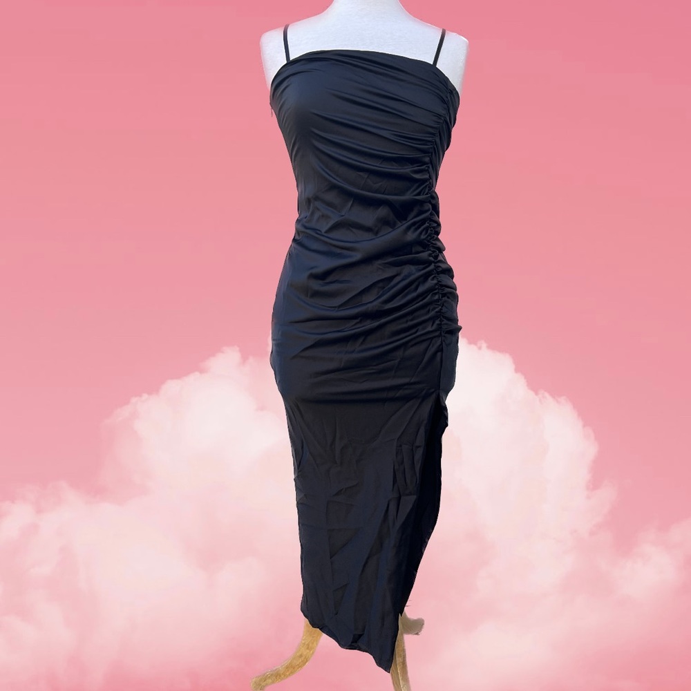 Cider - solid satin Ruched Split Midi Dress